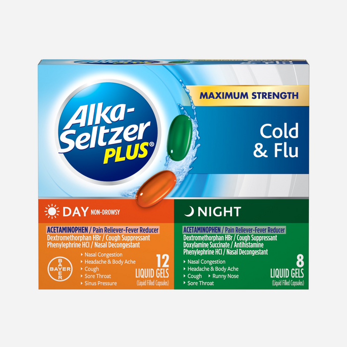 Alka-Seltzer Plus Maximum Strength Cold & Flu Medicine, Day + Night, Liquid Gels, 20 Count